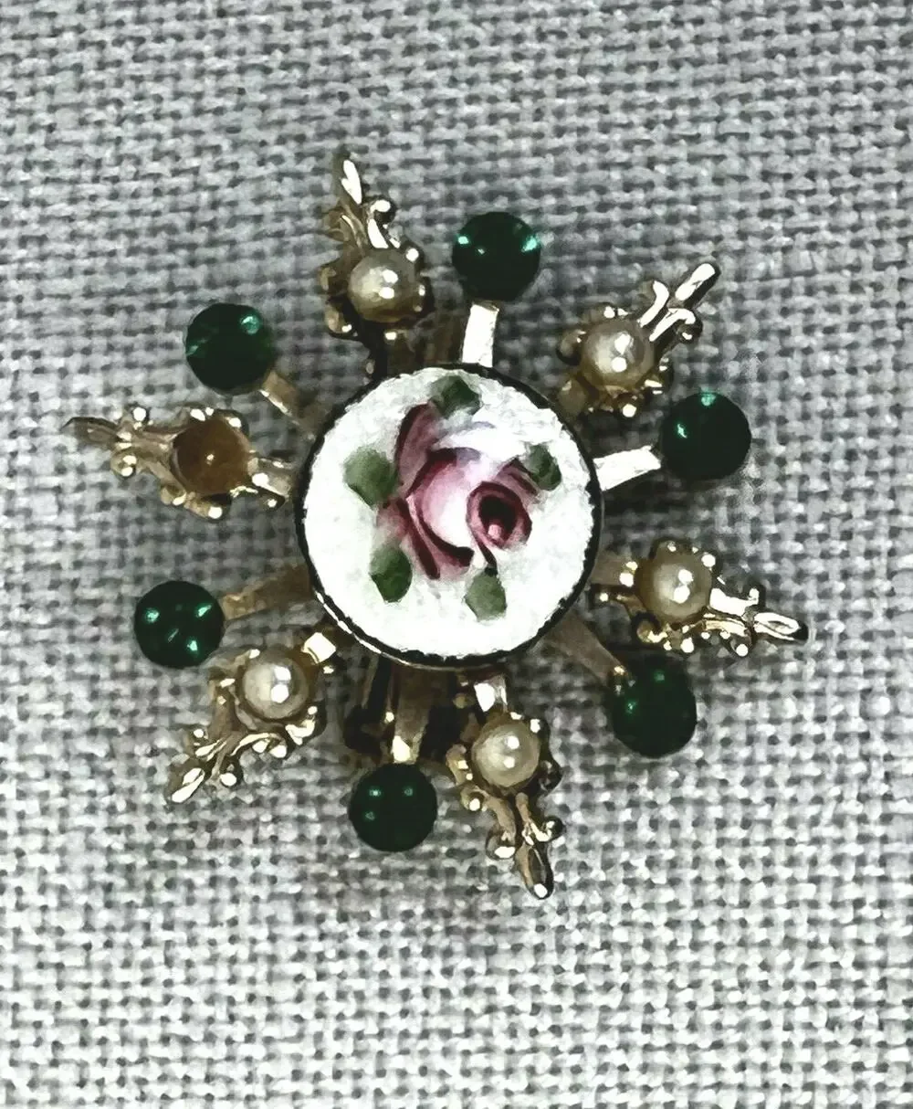 Vintage Brooch Costume Jewelry Pin Floral Rose Gold Beads Star Burst Cottage